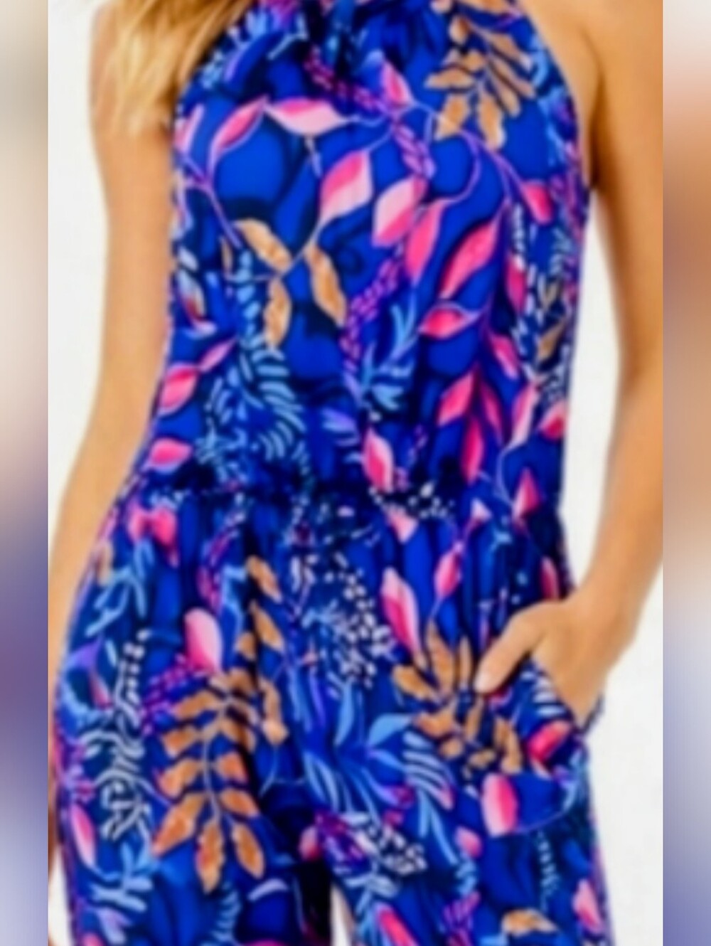 Lilly Pulitzer Tropical Print Halter Jumpsuit Bow Back Blue Pink Resort Size Sm